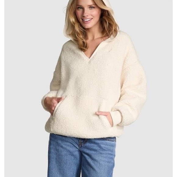 PINK Victoria's Secret Tops - PINK Victoria's Secret Cream Sherpa V-Neck Hoodie Sweater